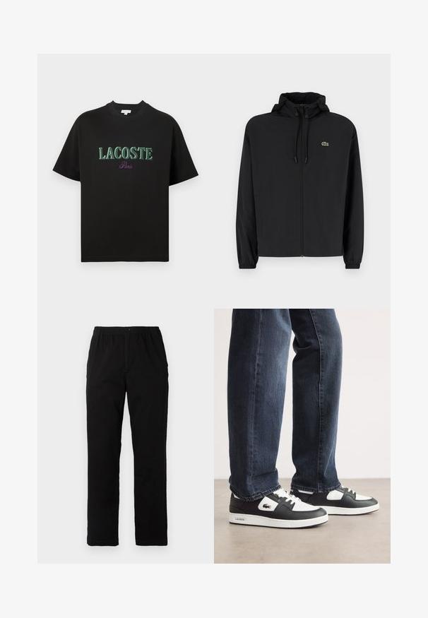 Juodas užtrauktukas striukė su gaubtu, pagaminta iš lengvos medžiagos. Savybės: elastiniai apykaklės ir mažas žalias logotipas kairėje krūtinės pusėje.; Juodas medvilninis trumpomis rankovėmis marškinėlis su žaliomis „LACOSTE“ raidėmis ir violetiniu užrašu „Paris“ apačioje. Paprastas dizainas, standartinė apvali apykaklė.; Juodi kelnės, pagamintos iš medvilnės mišinio, su tiesiomis kirpimo linijomis, elastingu liemeniu su mygtuku ir be aiškių raštų ar akcentų.; Juodos ir baltos Lacoste sportbačiai su tekstūruota odine viršutine dalimi, turi raištelių užsegimą ir baltą guminį pado. Avėti su tamsiomis džinsinėmis kelnėmis.