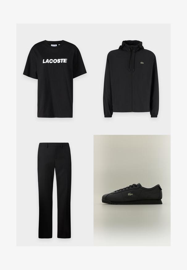 Juodas užtrauktukas striukė su gaubtu, pagaminta iš lengvos medžiagos. Savybės: elastiniai apykaklės ir mažas žalias logotipas kairėje krūtinės pusėje.; Juodas medvilninis marškinėliai su baltu užrašu "LACOSTE" ant priekio. Trumpomis rankovėmis ir apvaliu kaklu. Klasiškas laisvas kirpimas.; Juodos pritaikytos kelnės su tiesiu kojų dizainu, pagamintos iš lygaus audinio. Savybės: plokščias priekis ir vidutinio aukščio liemuo.; Juodos žemos klasės sportbačiai su raištelių užsegimu, tekstūruotu padu ir auksiniu krokodilo logotipu šone.