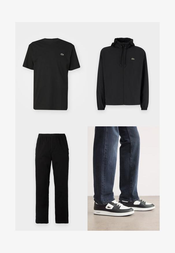 Melnas rāvējslēdzēja jakas ar kapuci, izgatavota no viegla materiāla. Ar elastīgām piedurknēm un mazu zaļu logo kreisajā krūtī.; Melnas kokvilnas T-krekls ar īsām piedurknēm un apaļu kakla izgriezumu. Uz kreisā krūts ir neliels zaļš un balts krokodila logos.; Melnas bikses no kokvilnas maisījuma auduma, ar taisnu griezumu, elastīgu jostasvietu ar pogu un bez redzamām rakstu vai akcentiem.; Melnbalti Lacoste sporta apavi ar teksturētu ādas augšdaļu, ar saistēm un baltu gumijas zoli. Nēsāti ar tumšām džinsām.