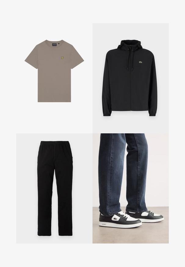 Juodas užtrauktukas striukė su gaubtu, pagaminta iš lengvos medžiagos. Savybės: elastiniai apykaklės ir mažas žalias logotipas kairėje krūtinės pusėje.; Šviesiai gelsva trumpomis rankovėmis medvilninė marškinėliai. Kairėje krūtinės pusėje siuvinėta maža geltona emblema. Klasikinis apvalaus kaklo dizainas.; Juodi kelnės, pagamintos iš medvilnės mišinio, su tiesiomis kirpimo linijomis, elastingu liemeniu su mygtuku ir be aiškių raštų ar akcentų.; Juodos ir baltos Lacoste sportbačiai su tekstūruota odine viršutine dalimi, turi raištelių užsegimą ir baltą guminį pado. Avėti su tamsiomis džinsinėmis kelnėmis.