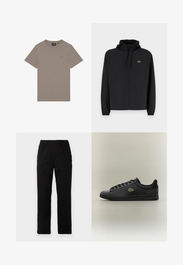 Casaco preto com fecho éclair e capuz, feito de material leve. Apresenta punhos elásticos e um pequeno logotipo verde no lado esquerdo do peito.; Camiseta de mangas curtas em tom bege, feita de algodão. Apresenta um pequeno logótipo bordado amarelo no peito esquerdo. Design clássico de gola redonda.; Calças pretas feitas de um tecido de algodão misto, com corte reto, cintura elástica com botão e sem padrões ou detalhes visíveis.; Sapatilha de couro preta de cano baixo com atacadores pretos, apresentando um logótipo de crocodilo verde na lateral, colocada sobre um fundo neutro simples.