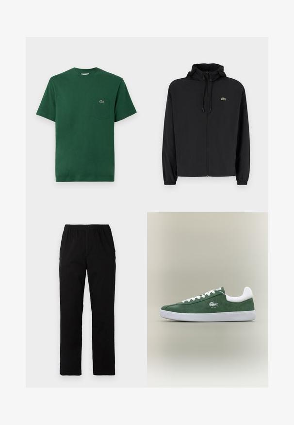 Casaco preto com fecho éclair e capuz, feito de material leve. Apresenta punhos elásticos e um pequeno logotipo verde no lado esquerdo do peito.; T-shirt de algodão verde com decote redondo, mangas curtas e um bolso no lado esquerdo do peito com um pequeno logotipo bordado.; Calças pretas feitas de um tecido de algodão misto, com corte reto, cintura elástica com botão e sem padrões ou detalhes visíveis.; Sapatilha verde em camurça de perfil baixo com atacadores brancos, sola branca, colarinho acolchoado e logotipo de crocodilo bordado com o texto "EST. 1933".