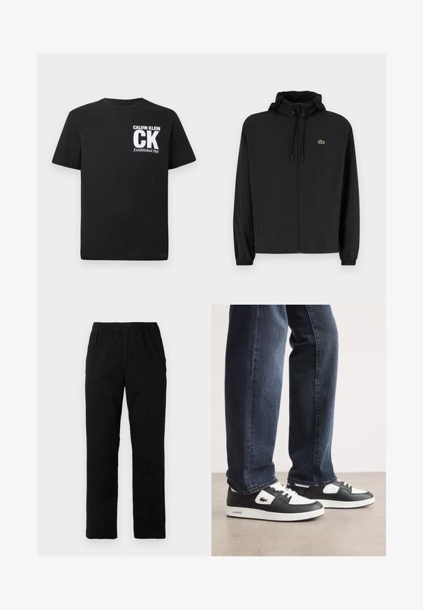 Melnas rāvējslēdzēja jakas ar kapuci, izgatavota no viegla materiāla. Ar elastīgām piedurknēm un mazu zaļu logo kreisajā krūtī.; Melns kokvilnas T-krekls ar apaļu kakla izgriezumu, īsām piedurknēm un baltu grafisko apdruku "CALVIN KLEIN CK Established 1968" priekšpusē.; Melnas bikses no kokvilnas maisījuma auduma, ar taisnu griezumu, elastīgu jostasvietu ar pogu un bez redzamām rakstu vai akcentiem.; Melnbalti Lacoste sporta apavi ar teksturētu ādas augšdaļu, ar saistēm un baltu gumijas zoli. Nēsāti ar tumšām džinsām.