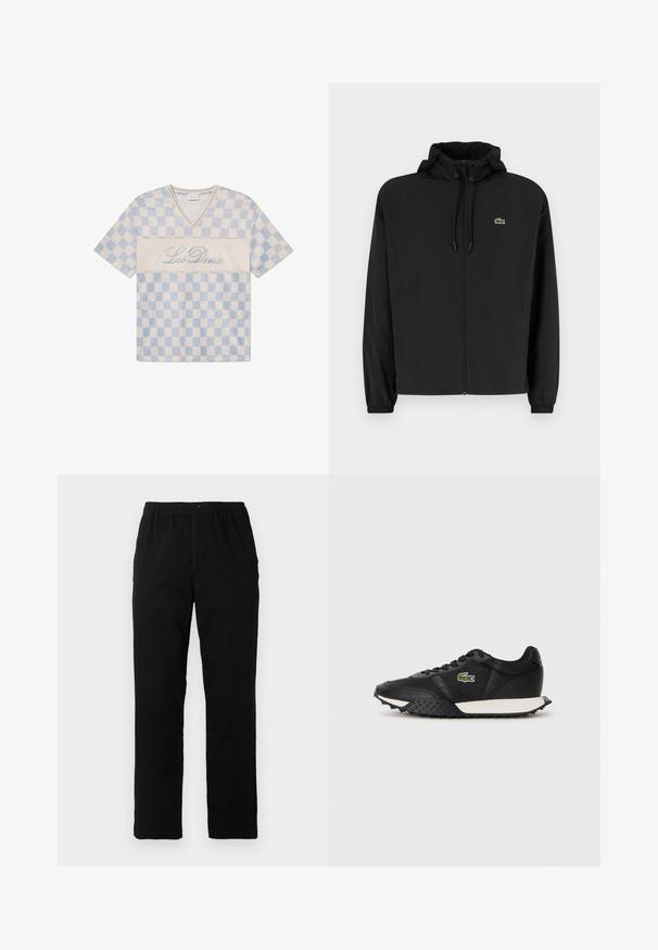 Svart zip-up jakke med hette, laget av lett materiale. Har elastiske mansjetter og en liten grønn logo på venstre bryst.; Blå og kremfarget rutete nett t-skjorte med kort erme og V-hals, med "Les Deux" brodert foran i kursiv.; Sorte bukser laget av bomullsblandet stoff, med rett snitt, elastisk midjebånd med knapp, og uten synlige mønstre eller detaljer.; Sorte joggesko med en glatt lærfinish, som har en teksturert gummisåle, hvit mellomsåle og en grønn brodert logo på siden.