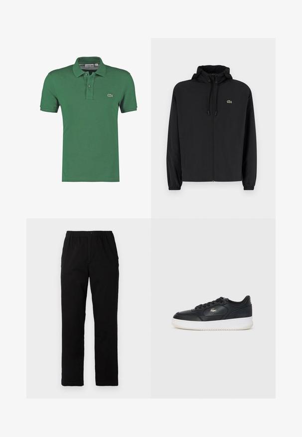 Svart zip-up jakke med hette, laget av lett materiale. Har elastiske mansjetter og en liten grønn logo på venstre bryst.; Grønn polo skjorte laget av bomull, med klassisk krage, to-knappers placket og en liten brodert logo på brystet.; Sorte bukser laget av bomullsblandet stoff, med rett snitt, elastisk midjebånd med knapp, og uten synlige mønstre eller detaljer.; Svarte lærersneakers med hvit såle, med rund tå, snøring og en subtil logo på siden. Teksturert overdel.