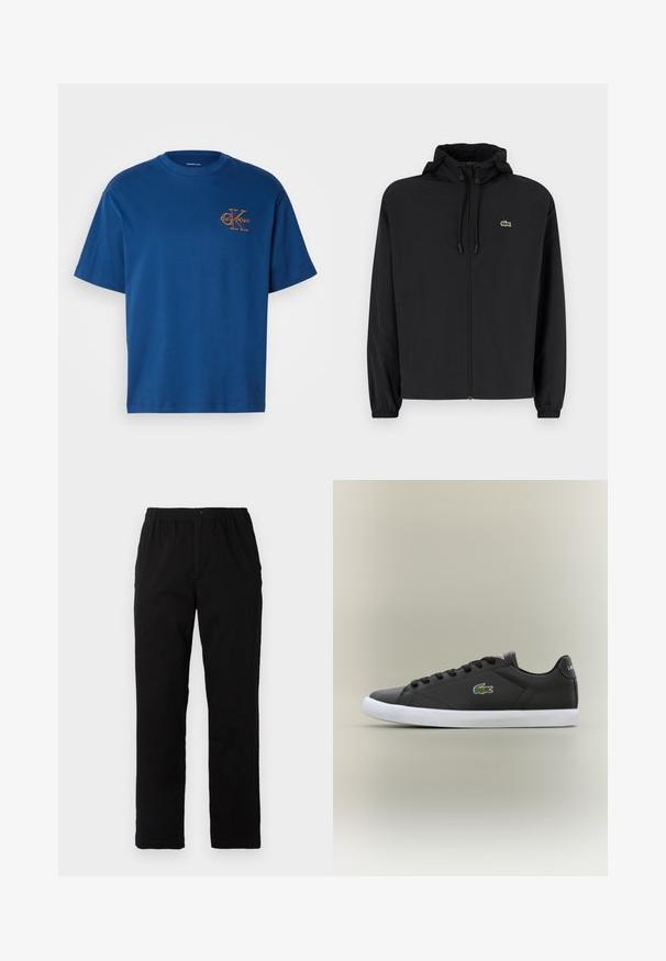 Casaco preto com fecho éclair e capuz, feito de material leve. Apresenta punhos elásticos e um pequeno logotipo verde no lado esquerdo do peito.; Camiseta de algodão azul com design de gola redonda, mangas curtas e um logótipo laranja da Calvin Klein no lado esquerdo do peito. Corte simples e clássico.; Calças pretas feitas de um tecido de algodão misto, com corte reto, cintura elástica com botão e sem padrões ou detalhes visíveis.; Tênis de couro preto com sola de borracha branca, apresentando um logotipo de crocodilo verde e cadarços redondos, design elegante com textura suave.