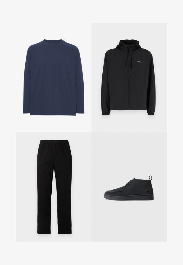 Black zip-up jacket with a hood, made of lightweight material. Features elastic cuffs and a small green logo on the left chest.; Navy blue long-sleeve shirt with a round neckline and raglan sleeves; soft texture and a subtle stitching detail at the hem.; Black pants made of cotton blend fabric, featuring a straight cut, elastic waistband with button, and no visible patterns or accents.; Black suede lace-up ankle boot with pull tab and textured sole, featuring small embossed crocodile logo on the side.