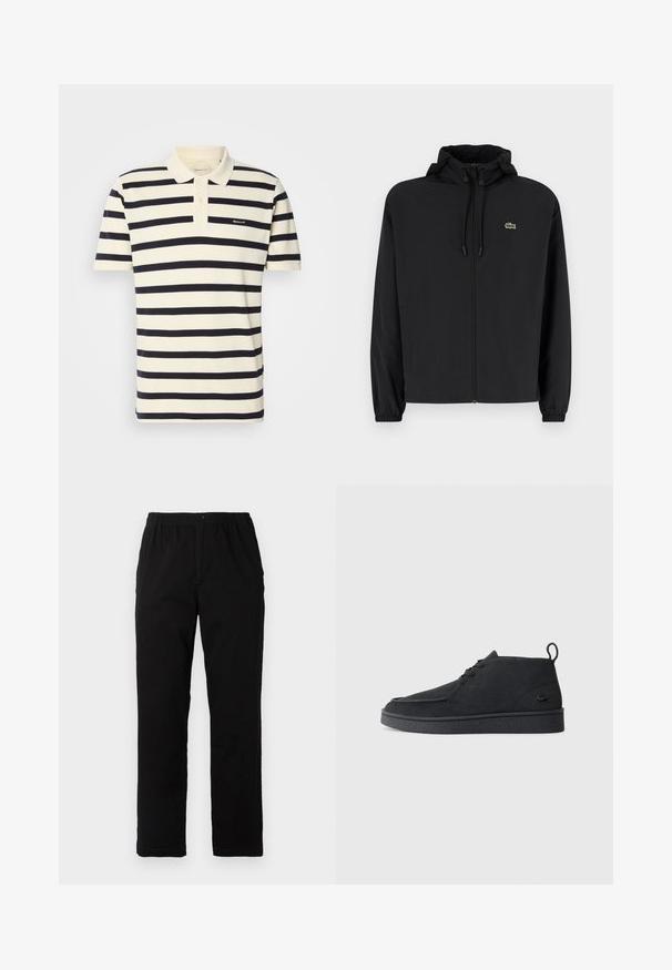 Sort zip-jakke med hætte, lavet af letvægtsmateriale. Har elastiske manchetter og et lille grønt logo på venstre bryst.; Stribet polo-shirt i creme og marineblå, lavet af bomuld. Har en krave, to-knap placket og broderet logo på brystet.; Sorte bukser lavet af en bomuldsblandingsstof, med lige snit, elastisk talje med knap, og uden synlige mønstre eller detaljer.; Sort ruskind snørebånds ankelstøvle med grebsløjfe og struktureret sål, der har et lille præget krokodillelogo på siden.