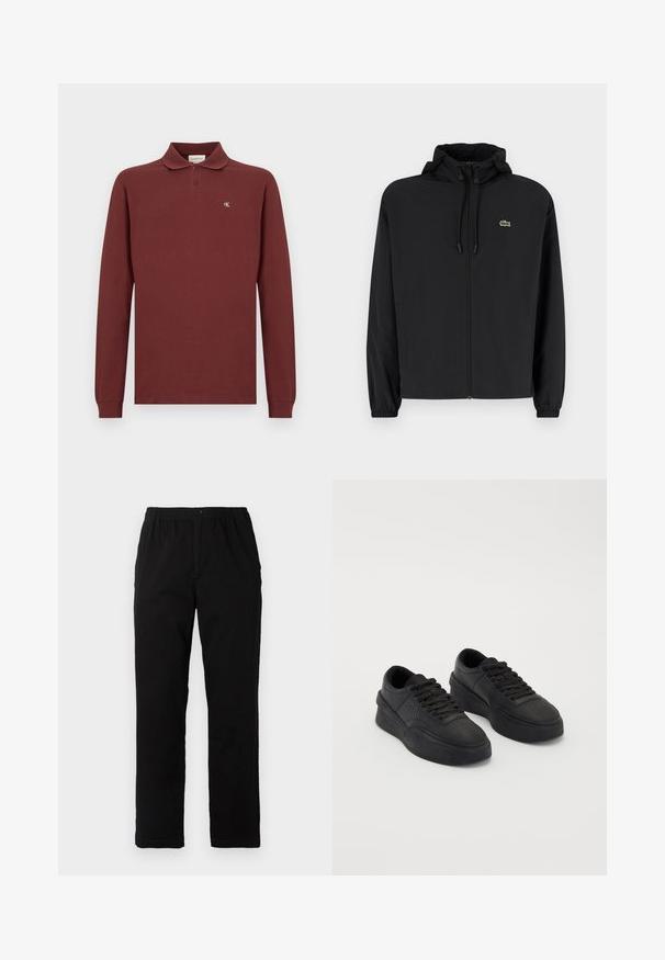 Svart zip-up jakke med hette, laget av lett materiale. Har elastiske mansjetter og en liten grønn logo på venstre bryst.; Burgunderfarget langermet polo skjorte laget av bomull, med klassisk krage, tre knappelukking og liten brodert logo på brystet.; Sorte bukser laget av bomullsblandet stoff, med rett snitt, elastisk midjebånd med knapp, og uten synlige mønstre eller detaljer.; Par par sortbukser i sort med lave platformer, snørebånd, tykke såler og perforeringsdetaljer på tåområdet mot en ensfarget bakgrunn.