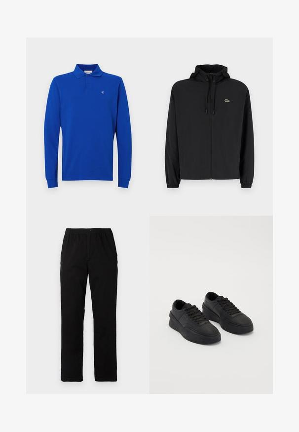 Melnas rāvējslēdzēja jakas ar kapuci, izgatavota no viegla materiāla. Ar elastīgām piedurknēm un mazu zaļu logo kreisajā krūtī.; Garās piedurknes zila polo krekls, izgatavots no kokvilnas, ar divu pogu apdari un mazu izšūtu logotipu uz krūšu. Gluda tekstūra.; Melnas bikses no kokvilnas maisījuma auduma, ar taisnu griezumu, elastīgu jostasvietu ar pogu un bez redzamām rakstu vai akcentiem.; Melna zema profila platforma kedu pāris ar auklām, biezām zolemi un perforācijas detaļām uz pirkstgala, fonā uz viendabīga fona.