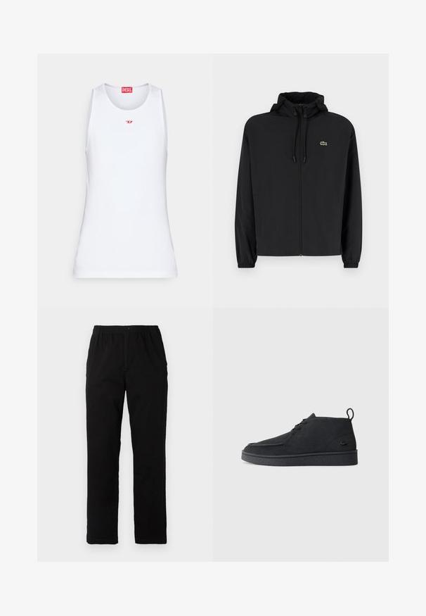Casaco preto com fecho éclair e capuz, feito de material leve. Apresenta punhos elásticos e um pequeno logotipo verde no lado esquerdo do peito.; Camiseta branca de alças feita de tecido liso. Apresenta um decote redondo e um pequeno logótipo vermelho "D" ao centro.; Calças pretas feitas de um tecido de algodão misto, com corte reto, cintura elástica com botão e sem padrões ou detalhes visíveis.; Botim de tornozelo em camurça preta, com atacadores, aba na parte traseira e sola texturizada, apresentando um pequeno logótipo de crocodilo em relevo na lateral.