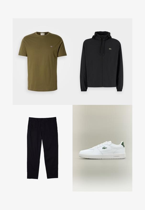 Chaqueta negra con cremallera y capucha, hecha de material ligero. Cuenta con puños elásticos y un pequeño logo verde en el lado izquierdo del pecho.; Camiseta de manga corta en verde oliva, hecha de algodón, con un cuello redondo y un pequeño logo bordado en el pecho. Textura suave.; Pantalones negros de algodón con diseño de pierna recta, que cuentan con cierre de botón, bolsillos laterales y una textura suave.; Zapatilla de cuero blanca con un acabado suave, acentos verdes en el talón y un logotipo verde en el lateral. Presenta una suela plana y una puntera redonda.