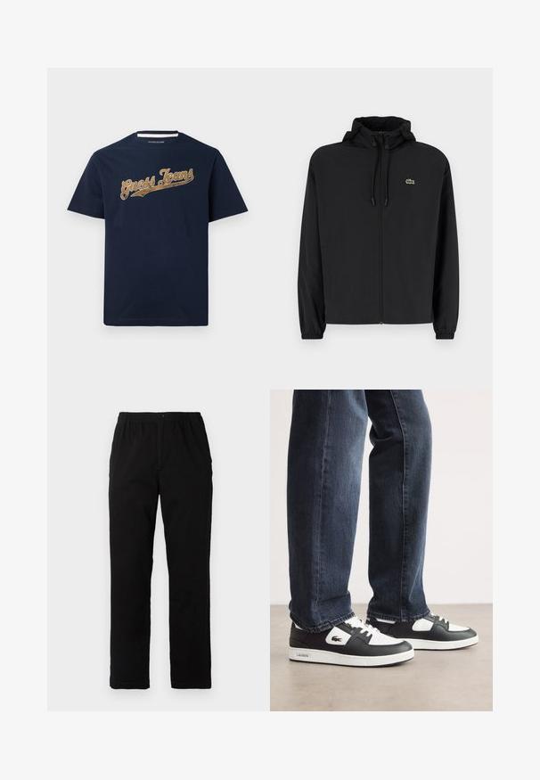 Schwarze Zip-Jacke mit Kapuze, aus leichtem Material hergestellt. Verfügt über elastische Bündchen und ein kleines grünes Logo auf der linken Brust.; Navy-blaues Baumwoll-T-Shirt mit kurzen Ärmeln, das ein strukturiertes goldenes "Guess Jeans"-Logo auf der Brust zeigt. Rundhalsausschnitt.; Schwarze Hosen aus einem Baumwollmischgewebe, mit geradem Schnitt, elastischem Bund mit Knopf und ohne sichtbare Muster oder Akzente.; Schwarz-weiße Lacoste-Sneaker mit einem Obermaterial aus strukturiertem Leder, ausgestattet mit einem Schnürdesign und einer weißen Gummiaußensohle. Getragen mit dunklen Jeans.