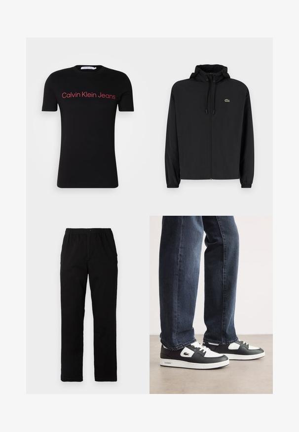 Melnas rāvējslēdzēja jakas ar kapuci, izgatavota no viegla materiāla. Ar elastīgām piedurknēm un mazu zaļu logo kreisajā krūtī.; Melnā īsā piedurkne T-kreklu izgatavots no kokvilnas ar apaļu kaklu. Sarkans "Calvin Klein Jeans" logo pāri krūtīm, vienkāršs dizains, bez papildu rakstiem.; Melnas bikses no kokvilnas maisījuma auduma, ar taisnu griezumu, elastīgu jostasvietu ar pogu un bez redzamām rakstu vai akcentiem.; Melnbalti Lacoste sporta apavi ar teksturētu ādas augšdaļu, ar saistēm un baltu gumijas zoli. Nēsāti ar tumšām džinsām.