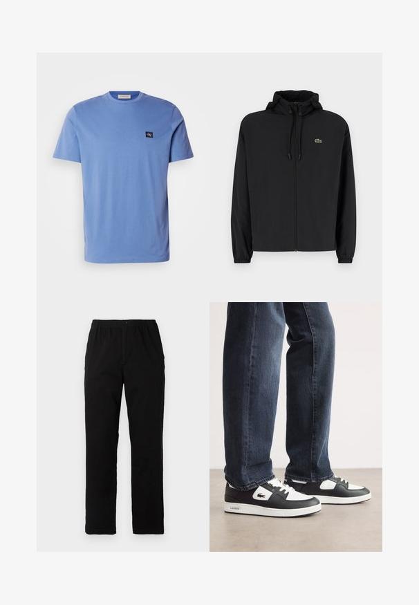 Černá zipová bunda s kapucí, vyrobená z lehkého materiálu. Má elastické manžety a malé zelené logo na levé hrudi.; Světle modré bavlněné tričko s krátkým rukávem a kulatým výstřihem, na levé hrudi s malou nášivkou tmavě modrého loga. Hladký povrch.; Černé kalhoty vyrobené z bavlněné směsi, s rovný střih, elastickým pasem s knoflíkem a bez viditelných vzorů či akcentů.; Černo-bílé tenisky Lacoste s texturovaným koženým svrškem, se šněrovacím designem a bílou gumovou podešví. Nosené s tmavými džíny.