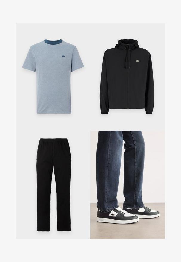 Čierna mikina na zips s kapucňou, vyrobená z ľahkého materiálu. Má elastické manžety a malú zelenú značku na ľavej hrudi.; Svetlo modré tričko s krátkymi rukávmi a okrúhlym výstrihom, vyrobené z textúrovanej látky. Má tmavomodrý lem na golieri. Logo Lacoste na hrudi.; Čierne nohavice vyrobené z bavlnenej zmesi, so strihom rovného strihu, elastickým pásom s gombíkom a bez viditeľných vzorov alebo akcentov.; Čierno-biele tenisky Lacoste s textúrovanou kožou, so šnurovaním a bielou gumovou vystuženou podrážkou. Nosené s tmavými džínsami.
