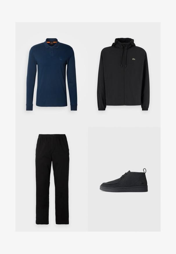 Schwarze Zip-Jacke mit Kapuze, aus leichtem Material hergestellt. Verfügt über elastische Bündchen und ein kleines grünes Logo auf der linken Brust.; BOSS PASSERBY - Poloshirt - open blue; Schwarze Hosen aus einem Baumwollmischgewebe, mit geradem Schnitt, elastischem Bund mit Knopf und ohne sichtbare Muster oder Akzente.; Schwarze Wildleder Schnürstiefelette mit Zuglasche und strukturiertem Boden, ausgestattet mit kleinem eingeprägtem Krokodil-Logo an der Seite.