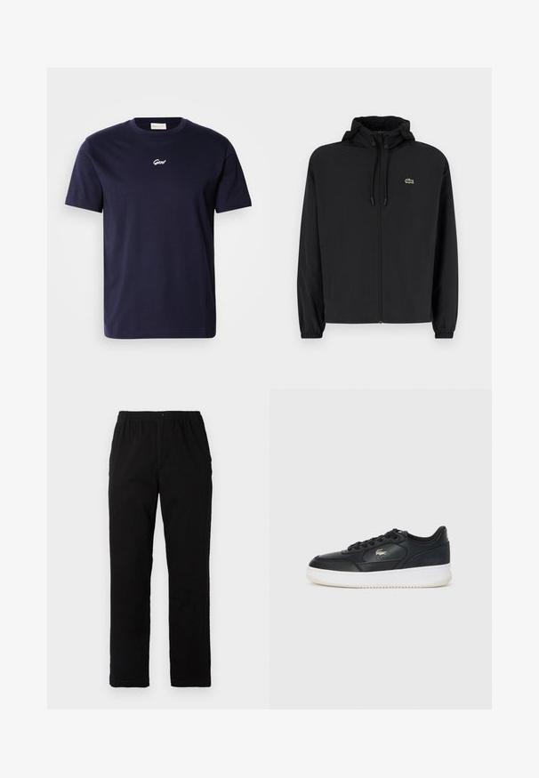 Jachetă neagră cu fermoar și glugă, fabricată din material ușor. Are manșete elastice și un mic logo verde pe pieptul stâng.; Polo T-shirt din bumbac, de culoare albastru marin, cu maneci scurte și guler rotund. Are un mic logo alb brodat pe piept.; Pantaloni negri dintr-un material textil amestecat de bumbac, cu croială dreaptă, talie elastică cu nasture și fără modele sau accente vizibile.; Adidași din piele neagră cu talpă albă, prezentând un vârf rotund, un design cu șireturi și un logo subtil pe lateral. Accente texturate la suprafață.