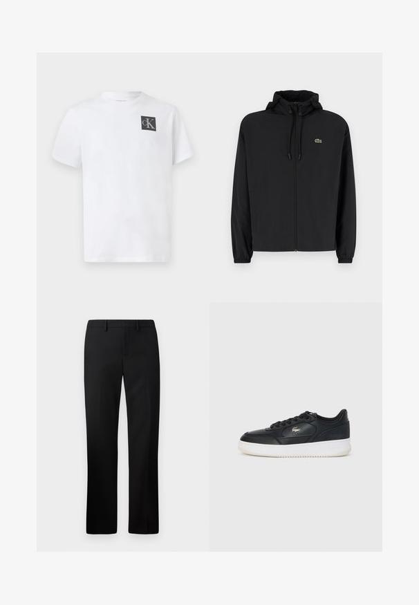 Černá zipová bunda s kapucí, vyrobená z lehkého materiálu. Má elastické manžety a malé zelené logo na levé hrudi.; Bílý bavlněný tričko s kulatým výstřihem, krátkými rukávy a černým logem "cK" na levé části hrudi. Klasický střih a hladká textura.; Černé kalhoty s rovnými nohavicemi, vyrobené z hladké látky. Mezi vlastnosti patří plochý přední díl a střední pas.; Černé kožené tenisky s bílou podrážkou, zaoblenou špičkou, šněrováním a jemným logem na boku. Texturovaný svršek.