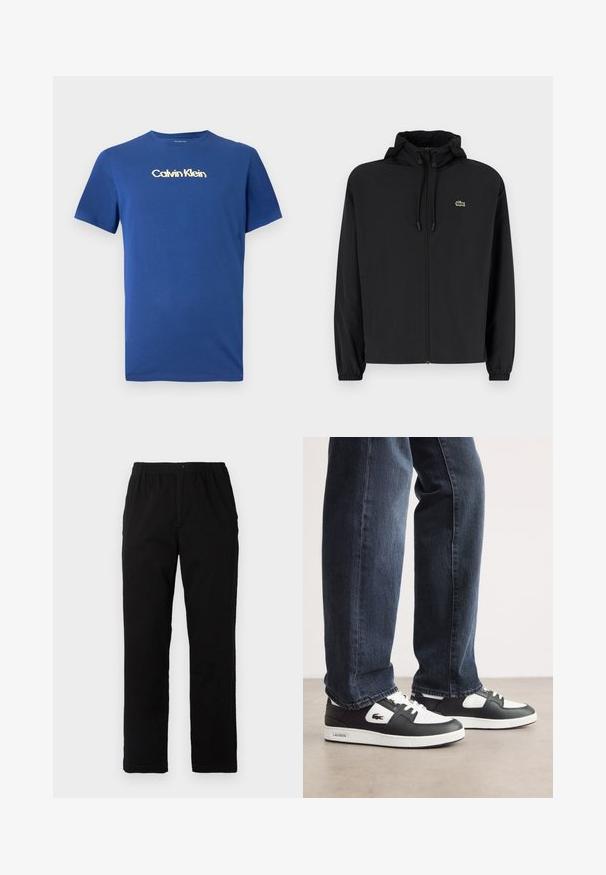 Casaco preto com fecho éclair e capuz, feito de material leve. Apresenta punhos elásticos e um pequeno logotipo verde no lado esquerdo do peito.; T-shirt de algodão azul com gola redonda, mangas curtas e um logotipo dourado da Calvin Klein ao longo do peito. Textura suave, design casual.; Calças pretas feitas de um tecido de algodão misto, com corte reto, cintura elástica com botão e sem padrões ou detalhes visíveis.; Sneakers Lacoste em preto e branco com parte superior em couro texturizado, apresentando um design com atacadores e uma sola de borracha branca. Usadas com jeans escuros.