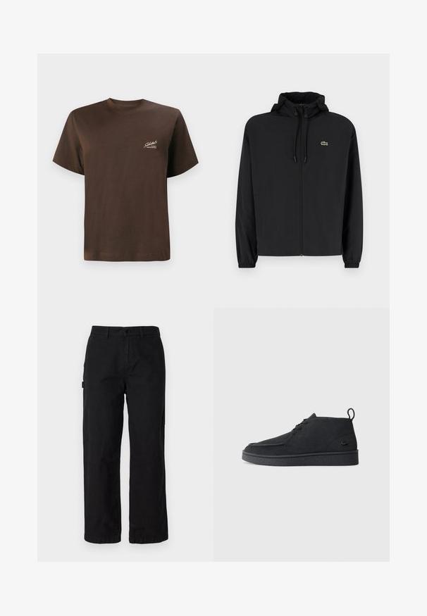 Black zip-up jacket with a hood, made of lightweight material. Features elastic cuffs and a small green logo on the left chest.; Brown cotton t-shirt with a crew neckline, short sleeves, and a small white logo printed on the left side. Smooth texture, standard fit.; Black cotton cargo pants with a straight leg design, featuring side pockets and a front button closure. Durable fabric with a smooth texture.; Black suede lace-up ankle boot with pull tab and textured sole, featuring small embossed crocodile logo on the side.