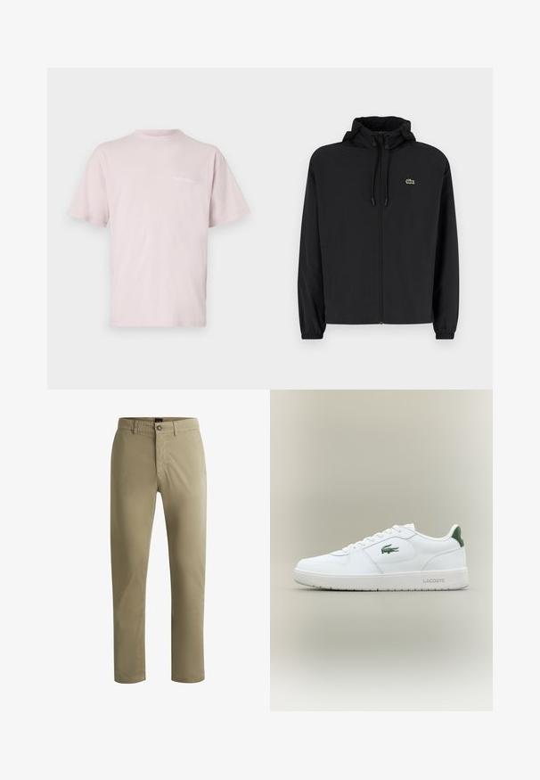 Giacca nera con zip e cappuccio, realizzata in materiale leggero. Caratterizzata da polsini elasticizzati e un piccolo logo verde sul petto sinistro.; Maglietta in cotone rosa chiaro con maniche corte, scollatura rotonda e testo "NoProblemo" stampato in bianco sulla parte anteriore.; Pantaloni chinos di colore khaki chiaro, realizzati in morbido tessuto di cotone, con chiusura a zip, bottone e tasche laterali.; Sneaker bianco in pelle con una finitura liscia, dettagli verdi sul tallone e un logo verde sul lato. Presenta una suola piatta e una punta rotonda.