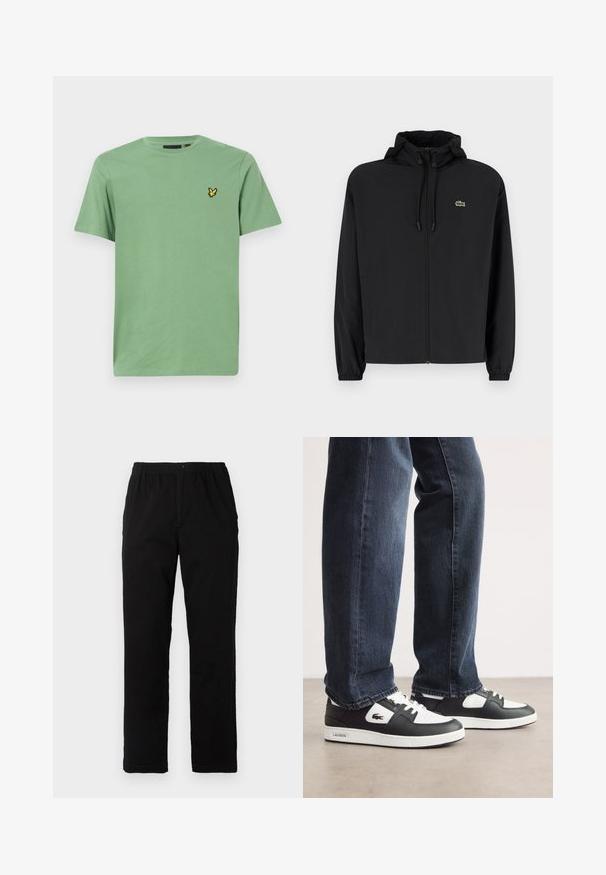 Μαύρο μπουφάν με φερμουάρ και κουκούλα, κατασκευασμένο από ελαφρύ υλικό. Διαθέτει ελαστικούς καρπούς και ένα μικρό πράσινο λογότυπο στο αριστερό στήθος.; Ανοιχτό πράσινο βαμβακερό μπλουζάκι με στρογγυλή λαιμόκοψη και κοντά μανίκια, που διαθέτει ένα μικρό κεντητό λογότυπο πουλιού σε μαύρο και κίτρινο στο στήθος.; Μαύρο παντελόνι από ύφασμα με βαμβακερό μίγμα, με ίσια γραμμή, ελαστική μέση με κουμπί και χωρίς ορατά σχέδια ή διακοσμητικά.; Μαύρα και άσπρα αθλητικά Lacoste με υφή δέρματος στην πάνω πλευρά, με σχέδιο που δένει με κορδόνια και άσπρη καουτσούκ σόλα. Φορεμένα με σκούρα τζιν.