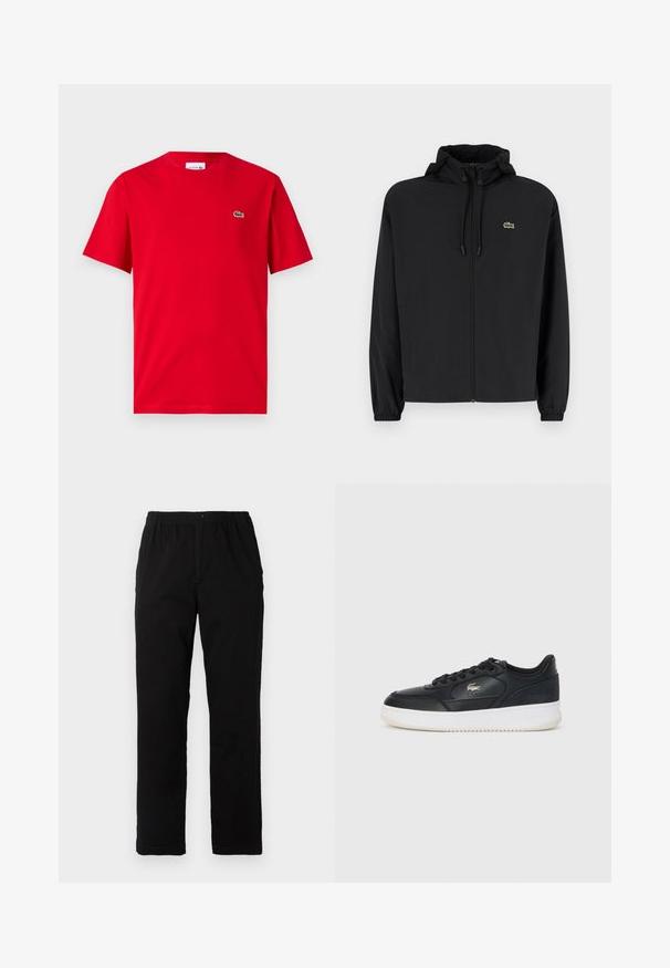 Černá zipová bunda s kapucí, vyrobená z lehkého materiálu. Má elastické manžety a malé zelené logo na levé hrudi.; Červené bavlněné tričko s krátkým rukávem, kulatým výstřihem a malým zeleným krokodýlím logem na levé hrudi. Hladká textura, volný střih.; Černé kalhoty vyrobené z bavlněné směsi, s rovný střih, elastickým pasem s knoflíkem a bez viditelných vzorů či akcentů.; Černé kožené tenisky s bílou podrážkou, zaoblenou špičkou, šněrováním a jemným logem na boku. Texturovaný svršek.