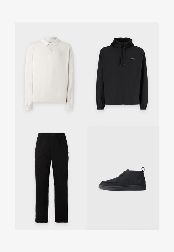 Casaco preto com fecho éclair e capuz, feito de material leve. Apresenta punhos elásticos e um pequeno logotipo verde no lado esquerdo do peito.; Camisa polo de manga longa em off-white, feita de um tecido suave. Apresenta uma gola clássica, três botões e punhos em ribana. Textura suave.; Calças pretas feitas de um tecido de algodão misto, com corte reto, cintura elástica com botão e sem padrões ou detalhes visíveis.; Botim de tornozelo em camurça preta, com atacadores, aba na parte traseira e sola texturizada, apresentando um pequeno logótipo de crocodilo em relevo na lateral.