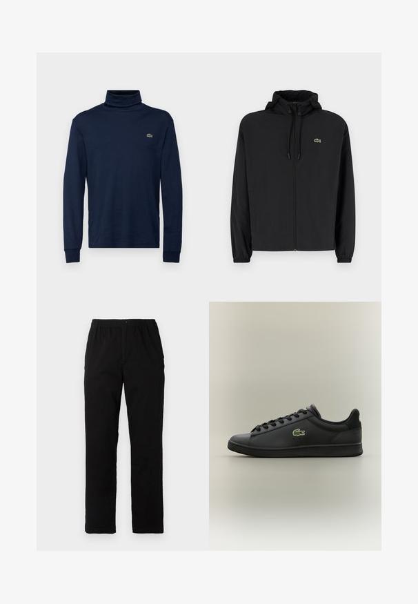 Fekete, kapucnis, cipzáras dzseki, könnyű anyagból készült. Rugalmas mandzsettákkal és egy kis zöld logóval rendelkezik a bal mellrészen.; Tengerészkék garbó póló puha pamutból, hosszú ujjakkal. Kicsi zöld logóval a mellkasán. Simább textúrájú és testhez simuló kialakítás.; Fekete pamut keverék anyagú nadrág, egyenes szabású, rugalmas derékrésszel és gombbal, látható minták vagy díszítések nélkül.; Fekete, alacsony szárú bőr sneaker fekete fűzőkkel, az oldalán zöld krokodil logóval, egy egyszerű, semleges háttér előtt.