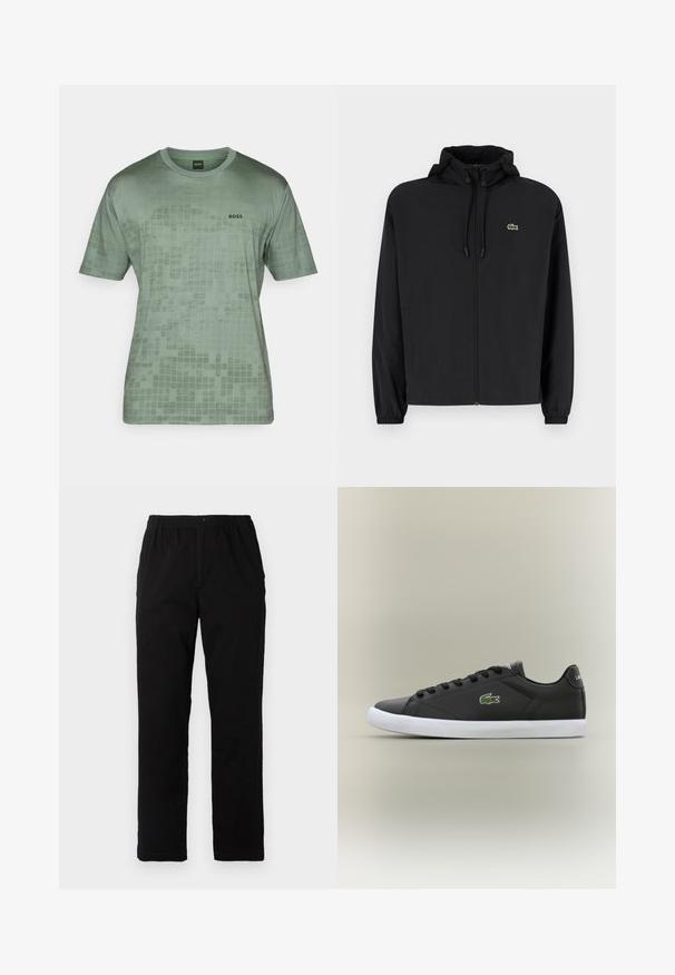 Mustmust jacket, millel näpsuga, kergest materjalist. Omab elastseid mansette ja väikest rohelist logo vasakul rinnal.; Roheline lyhikhisheline T-särk, mis on valmistatud siledast kangast, millel on ruuduline muster ja must "BOSS" logo vasakul rinnal.; Mustad mustreid, puuvillast segakanga valmistatud mustad püksid, mis on sirge lõikega, elastse vöökoht ja nööp, ilma nähtavate mustrite või aktsentideta.; Mustad mustad nahast tennisetossud valge kummist tallaga, millel on roheline krokodillilogo ja ümmargused paelad, stiilne disain sujuva tekstuuriga.