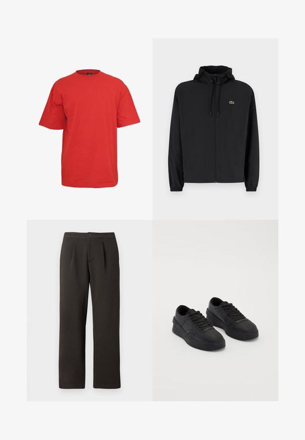 Musta vetoketjullinen takki, jossa on huppu, valmistettu kevyestä materiaalista. Ominaisuuksiin kuuluu joustavat hihansuut ja pieni vihreä logo vasemmassa rinnassa.; Punainen puuvillapaita, jossa on lyhyet hihat, pyöreä kaula-aukko ja väljä istuvuus. Ominaisuuksiin kuuluu tasainen väri ilman kuvioita tai koristeita.; Tummanruskeat suorat lahkeet, joissa on litteä etuosa, kaksi laskosta ja napin suljenta. Valmistettu sileästä kankaasta, jossa on pieni tekstuuri.; Mustat lenkkarit, jotka on valmistettu sileästä nahasta ja joissa on pehmeä pohja. Ominaisuuksiin kuuluvat tasaiset nauhat, rei'itykset varpaassa ja huoliteltu siluetti.