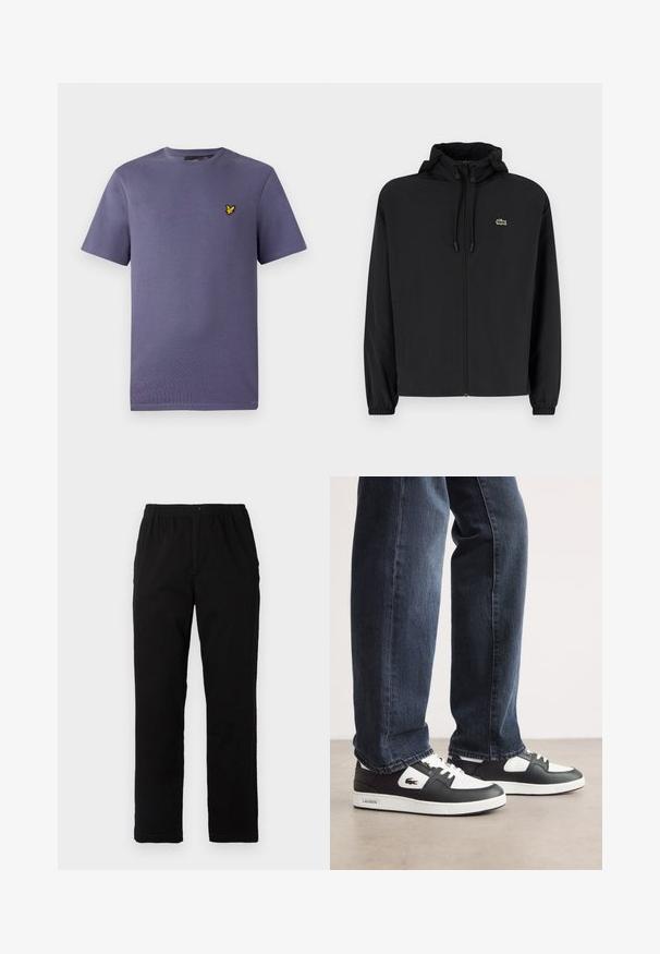 Černá zipová bunda s kapucí, vyrobená z lehkého materiálu. Má elastické manžety a malé zelené logo na levé hrudi.; Fialové tričko s krátkým rukávem a kulatým výstřihem s malým žlutým logem ptáčka vyšívaným na levé části hrudi.; Černé kalhoty vyrobené z bavlněné směsi, s rovný střih, elastickým pasem s knoflíkem a bez viditelných vzorů či akcentů.; Černo-bílé tenisky Lacoste s texturovaným koženým svrškem, se šněrovacím designem a bílou gumovou podešví. Nosené s tmavými džíny.