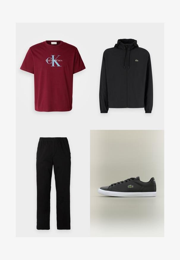Black zip-up jacket with a hood, made of lightweight material. Features elastic cuffs and a small green logo on the left chest.; Burgundy cotton T-shirt featuring a large white and blue "CK" logo with "Calvin Klein" text, standard fit, short sleeves, and crew neckline.; Black pants made of cotton blend fabric, featuring a straight cut, elastic waistband with button, and no visible patterns or accents.; Black leather sneakers with white rubber sole, featuring a green crocodile logo and round laces, sleek design with smooth texture.