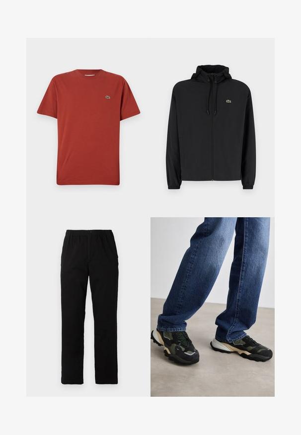 Juodas užtrauktukas striukė su gaubtu, pagaminta iš lengvos medžiagos. Savybės: elastiniai apykaklės ir mažas žalias logotipas kairėje krūtinės pusėje.; Raudona medvilninė marškinėliai su apvaliu kaklu ir trumpomis rankovėmis, su mažu žaliu krokodilo logotipu ant kairiojo krūtinės. Lygi tekstūra.; Juodi kelnės, pagamintos iš medvilnės mišinio, su tiesiomis kirpimo linijomis, elastingu liemeniu su mygtuku ir be aiškių raštų ar akcentų.; Žali ir juodi sportbačiai su tekstūruotais paviršiais ir masyviu padu, derinami su tamsiai mėlynais tiesiais džinsais, prieš neutralų foną.