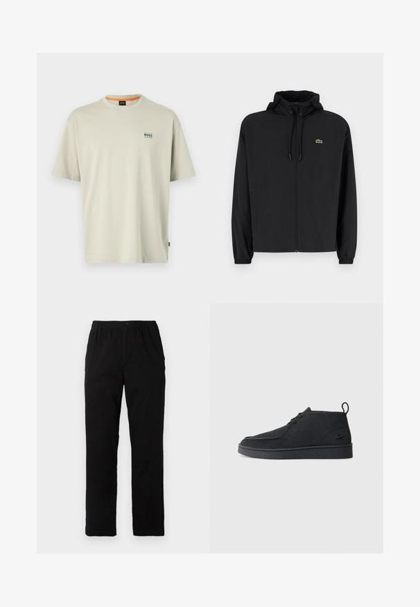 Črna jakna na zadrgo s kapuco, izdelana iz lahkega materiala. Ima elastične manšete in majhen zeleni logotip na levem prsnem delu.; Svetlo siva bombažna majica s krojaškim izrezom, kratkimi rokavi in majhnim modrim logotipom "BOSS" na levem prsnem košu. Gladka tekstura.; Črne hlače iz mešanice bombaža, s ravnim krojem, elastičnim pasom z gumbom in brez vidnih vzorcev ali akcentov.; Črni nubuk gležnjarji z vezalkami in zanko za poteg, z teksturiranim podplatom ter majhnim embosiranim krokodilovim logotipom na strani.