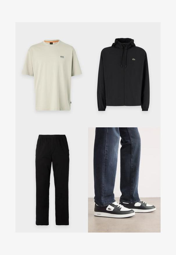 Casaco preto com fecho éclair e capuz, feito de material leve. Apresenta punhos elásticos e um pequeno logotipo verde no lado esquerdo do peito.; T-shirt de algodão cinza claro com decote redondo, mangas curtas e um pequeno logotipo azul "BOSS" no lado esquerdo do peito. Textura suave.; Calças pretas feitas de um tecido de algodão misto, com corte reto, cintura elástica com botão e sem padrões ou detalhes visíveis.; Sneakers Lacoste em preto e branco com parte superior em couro texturizado, apresentando um design com atacadores e uma sola de borracha branca. Usadas com jeans escuros.