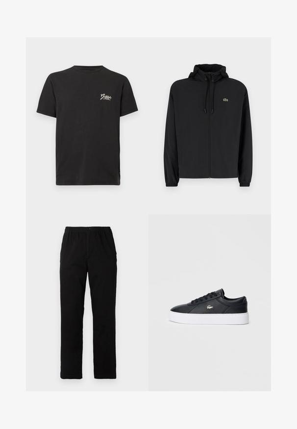 Schwarze Zip-Jacke mit Kapuze, aus leichtem Material hergestellt. Verfügt über elastische Bündchen und ein kleines grünes Logo auf der linken Brust.; Schwarzes Baumwoll-T-Shirt mit rundem Ausschnitt und kurzen Ärmeln. Mit weißem "Guess"-Logo auf der linken Brustseite. Klassischer gerader Schnitt.; Schwarze Hosen aus einem Baumwollmischgewebe, mit geradem Schnitt, elastischem Bund mit Knopf und ohne sichtbare Muster oder Akzente.; Schwarze Ledersneaker mit abgerundeter Spitze, tonalen Schnürsenkeln und einem gepolsterten Kragen. Verfügt über eine weiße Plateausohle und ein kleines Logo-Detail.