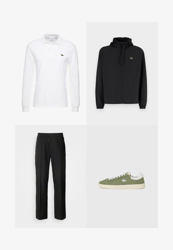 Svart zip-up jakke med hette, laget av lett materiale. Har elastiske mansjetter og en liten grønn logo på venstre bryst.; Hvit langermet polo-shirt laget av bomull, med klassisk krage og en liten grønn Lacoste-logo på brystet. Jevn tekstur.; Sorte bukser med rette ben, laget av glatt stoff. Har elastisk midjebånd og knappelukking.; Grønne canvas sneakers med hvite snører og hvit hælhette. Har en Lacoste-logo i hvitt. Klassisk lav topp silhuett og gummisåle.