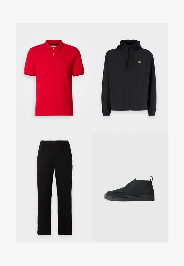 Giacca nera con zip e cappuccio, realizzata in materiale leggero. Caratterizzata da polsini elasticizzati e un piccolo logo verde sul petto sinistro.; Polo shirt rossa in cotone, con collare classico, chiusura a due bottoni e dettagli a righe blu sulle maniche e sul colletto. Logo GANT presente.; Pantaloni neri realizzati in un tessuto misto cotone, caratterizzati da un taglio dritto, vita elastica con bottone e senza motivi o dettagli visibili.; Stivale alla caviglia in suede nero con lacci, dotato di una linguetta per il tiraggio e suola testurizzata, caratterizzato da un piccolo logo a forma di coccodrillo embossato sul lato.