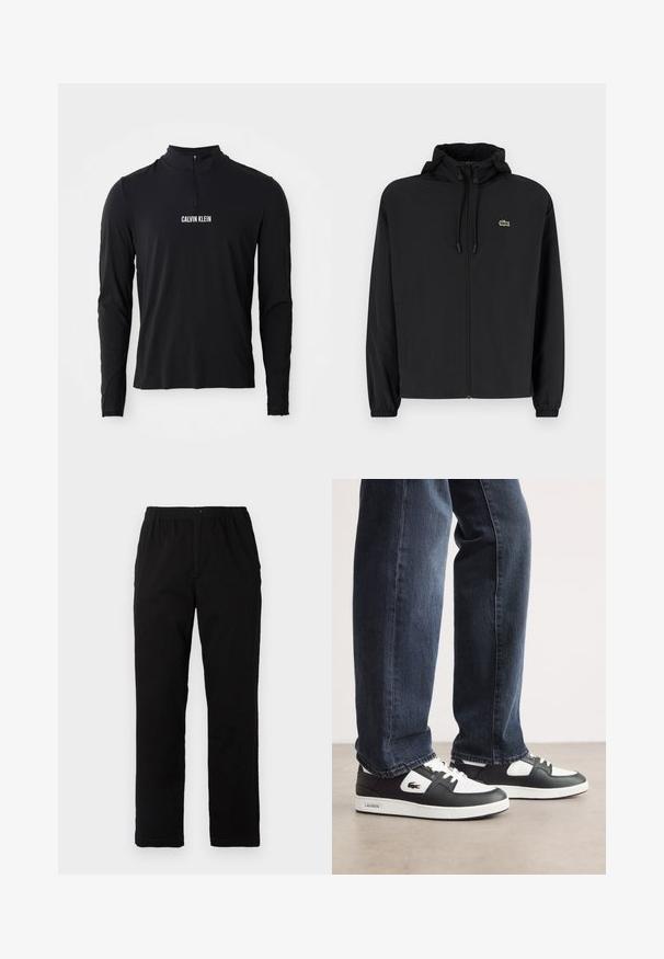 Fekete, kapucnis, cipzáras dzseki, könnyű anyagból készült. Rugalmas mandzsettákkal és egy kis zöld logóval rendelkezik a bal mellrészen.; Fekete, hosszú ujjú felső magas gallérral, negyed cipzárral és a mellen fekvő fehér "CALVIN KLEIN" logóval. Sima, rugalmas anyag.; Fekete pamut keverék anyagú nadrág, egyenes szabású, rugalmas derékrésszel és gombbal, látható minták vagy díszítések nélkül.; Fekete-fehér Lacoste sportcipők, texturált bőrből készült felső résszel, fűzős kivitelben és fehér gumitalppal. Sötét farmernadrággal viselve.