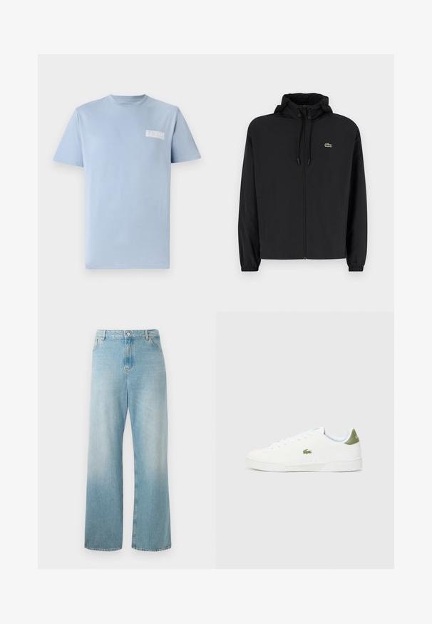 Giacca nera con zip e cappuccio, realizzata in materiale leggero. Caratterizzata da polsini elasticizzati e un piccolo logo verde sul petto sinistro.; T-shirt in cotone azzurro chiaro con scollatura tonda e maniche corte; presenta un piccolo logo bianco "GUESS" sul lato sinistro del petto. Texture liscia.; Jeans a gamba larga di colore blu chiaro realizzati in denim. Presentano una vita alta, tasche frontali e un orlo pulito. Texture morbida con una finitura sbiadita.; Sneakers bianchi con una texture liscia, caratterizzate da un accento verde sul tallone e un piccolo logo ricamato a forma di coccodrillo sul lato.