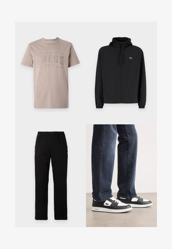 Black zip-up jacket with a hood, made of lightweight material. Features elastic cuffs and a small green logo on the left chest.; Light beige t-shirt made of cotton, featuring a crew neck, short sleeves, and a printed design with the brand name "GUESS" in dark gray.; Black pants made of cotton blend fabric, featuring a straight cut, elastic waistband with button, and no visible patterns or accents.; Black and white Lacoste sneakers with a textured leather upper, featuring a lace-up design and a white rubber outsole. Worn with dark jeans.