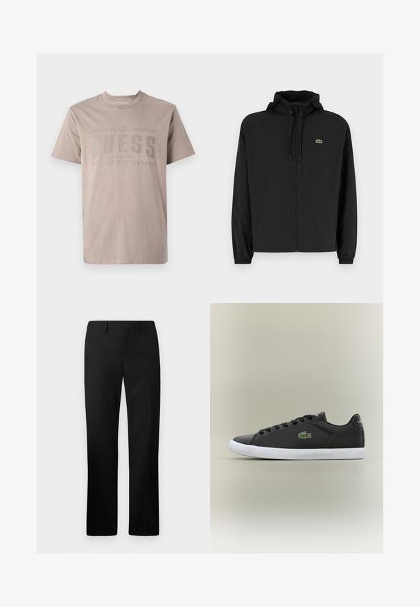 Fekete, kapucnis, cipzáras dzseki, könnyű anyagból készült. Rugalmas mandzsettákkal és egy kis zöld logóval rendelkezik a bal mellrészen.; Világos bézs színű, pamutból készült t-shirt, kerek nyakkivágással, rövid ujjal, és sötétszürke színű "GUESS" márkanevével ellátott nyomtatott mintával.; Fekete, egyenes lábú szabott nadrág, sima anyagból készült. Jellemzői közé tartozik a lapos eleje és a közepes magasságú derékszíj.; Fekete bőr sportcipők fehér gumitalppal, zöld krokodil logóval és kerek fűzőkkel, elegáns dizájn sima felülettel.