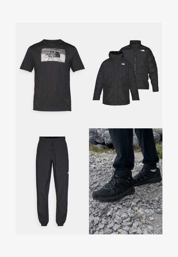 Črna reverzibilna jakna The North Face z zadrgo spredaj, visokim ovratnikom in dvema sprednjima žepoma, prikazana spredaj in zadaj.; Črna majica s kratkimi rokavi, ki ima spredaj belo in sivo grafiko konturnih črt ter logo "The North Face".; Črne atletske hlače iz lahkega materiala, ki imajo elastični pas z vezalko, stranske žepe in zožene manšete na gležnjih.; Črne zunanje čevlje iz mrežastega in sintetičnega materiala, s teksturiranim zgornjim delom, zavarovanim sistemom vezalk in trdim podplatom, na skalnatem terenu.