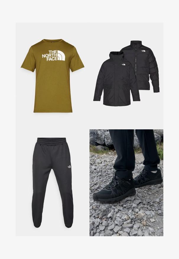 Zwarte omkeerbare jas van The North Face met een ritssluiting aan de voorkant, hoge kraag en twee zakken aan de voorkant, getoond in voor- en achteraanzicht.; Olivengroene katoenen t-shirt met een witte logoprint van "THE NORTH FACE" en gebogen ontwerpelementen aan de voorkant. Ronde halslijn, korte mouwen.; Zwarte sweatpants met een trekkoord in de taille, tapered fit, elastische boorden en een klein wit logo op de linker dij, gemaakt van gladde stof.; Zwarte buitenschoenen van mesh en synthetisch materiaal, met een gestructureerd bovenwerk, een beveiligd vetersysteem en een robuuste zool, op een ruig terrein.
