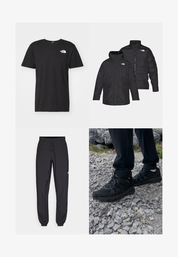 Casaco reversível preto da The North Face com fecho de correr à frente, gola alta e dois bolsos frontais, mostrado em vista frontal e traseira.; The North Face M SS BOX NSE TEE - T-shirt estampada - black/optic emerald; Calças atléticas pretas feitas de tecido leve, com um cós ajustável por cordão, bolsos laterais e punhos afunilados nos tornozelos.; Sapatos pretos para exterior, feitos de material em malha e sintético, com um cabedal texturizado, sistema de atilho seguro e uma sola robusta, sobre terreno rochoso.