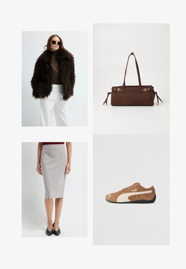 Bruine nep bontjas met een volumineuze, textuurvolle buitenkant. In combinatie met een aansluitende bruine coltrui en witte broek. Donkere zonnebril accentueert de look.; Beige gebreide pullovertrui met een hoge halslijn, rits tot halverwege en schouders die naar beneden vallen. Heeft een geribbelde zoom en manchetten.; Vrouw in een lichtgrijze kokerrok tot de knie, bordeaux bovenstuk en zwarte puntige hakken, staande tegen een effen witte achtergrond.; Bruine suède low-top sneakers met crèmekleurige accenten, een gestructureerd oppervlak, een zwarte rubberen zool en een geborduurd logo aan de zijkant en op de tong.; Bruine suède schoudertas met twee schouderbanden, gouden hardwareaccenten en verstelbare zijstrikjes. Heerlijk in gebruik dankzij de ritsafsluiting en de gladde textuur.