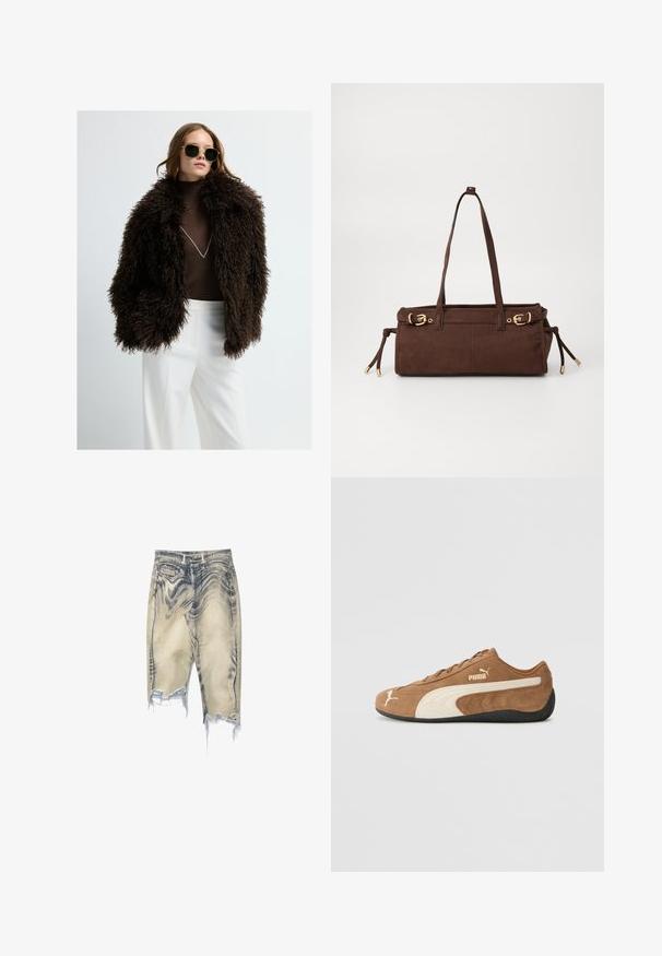Veste en fausse fourrure marron avec un extérieur volumineux et texturé. Associée à un col roulé marron ajusté et un pantalon blanc. Des lunettes de soleil noires complètent le look.; Pull en tricot beige avec un col montant, une fermeture éclair mi-longue et des manches à épaule tombante. Comprend un ourlet et des poignets côtelés.; Shorts en denim dans un délavé bleu-gris, avec des détails usés, un ourlet effiloché, cinq poches et une taille standard avec passants de ceinture.; Baskets basses en daim marron avec des accents crème, surface texturée, semelle en caoutchouc noir et logo brodé sur le côté et la languette.; Sac cabas en suède marron avec deux poignées, accents en métal doré et liens latéraux ajustables. Comprend une fermeture éclair et une texture lisse.