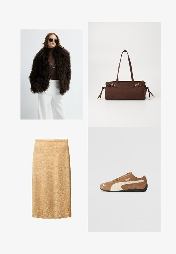 Veste en fausse fourrure marron avec un extérieur volumineux et texturé. Associée à un col roulé marron ajusté et un pantalon blanc. Des lunettes de soleil noires complètent le look.; Pull en tricot beige avec un col montant, une fermeture éclair mi-longue et des manches à épaule tombante. Comprend un ourlet et des poignets côtelés.; Jupe crayon beige avec une surface texturée, présentant un motif de vagues subtil. Longueur genou et fabriquée à partir d'un tissu léger.; Baskets basses en daim marron avec des accents crème, surface texturée, semelle en caoutchouc noir et logo brodé sur le côté et la languette.; Sac cabas en suède marron avec deux poignées, accents en métal doré et liens latéraux ajustables. Comprend une fermeture éclair et une texture lisse.